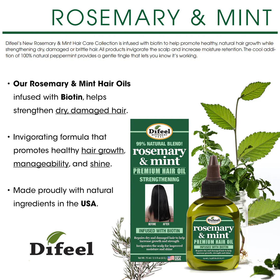 DIFEEL ROSEMARY AND MINT PREMIUM HAIR OIL WITH BIOTIN 2.5 OZ.