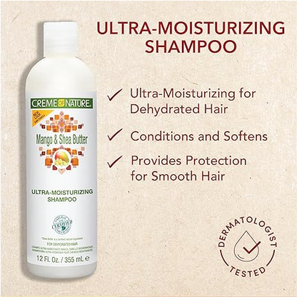 Shampoo with Mango & Shea Butter by Creme of Nature, Ultra Moisturizing for Dry Dehydrated Hair 355ml