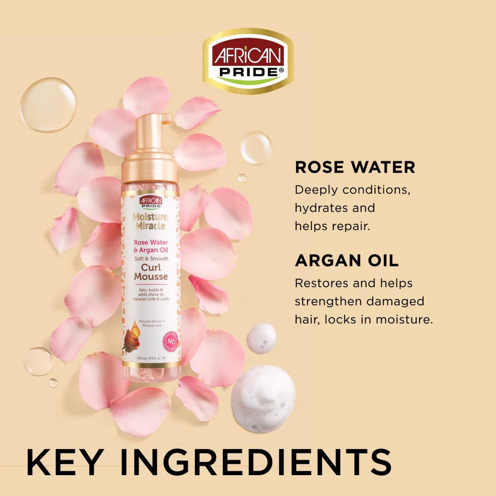 AFRICAN PRIDE MOISTURE MIRACLE ROSE WATER & ARGAN OIL CURL MOUSSE, 8.5FL OZ