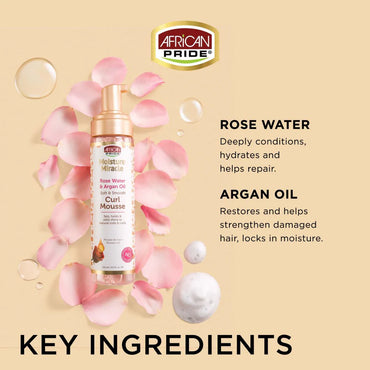 AFRICAN PRIDE MOISTURE MIRACLE ROSE WATER & ARGAN OIL CURL MOUSSE, 8.5FL OZ