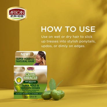 AFRICAN PRIDE OLIVE MIRACLE SUPER HOLD & SMOOTH EDGES, 2.25OZ