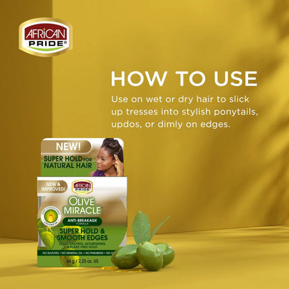 AFRICAN PRIDE OLIVE MIRACLE SUPER HOLD & SMOOTH EDGES, 2.25OZ