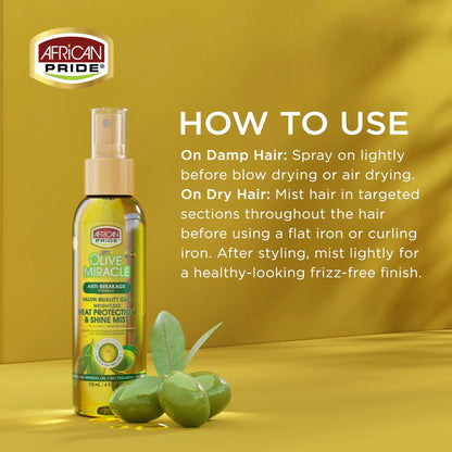 AFRICAN PRIDE OLIVE MIRACLE HEAT PROTECTANT & SHINE MIST, 4FL OZ