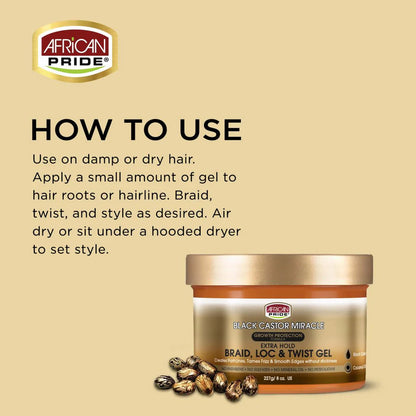 AFRICAN PRIDE BLACK CASTOR MIRACLE BRAID, LOC & TWIST GEL, 8OZ