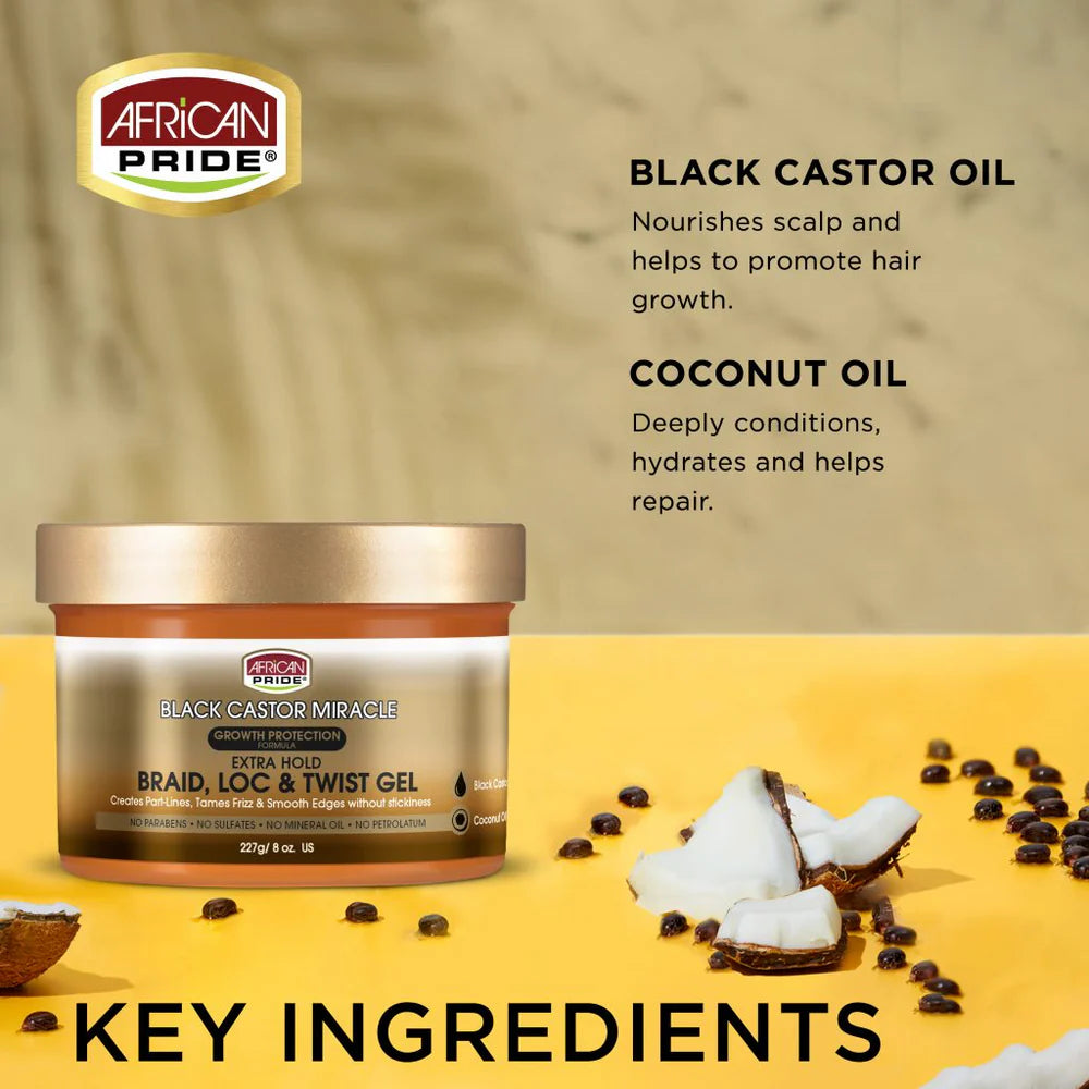 AFRICAN PRIDE BLACK CASTOR MIRACLE BRAID, LOC & TWIST GEL, 8OZ